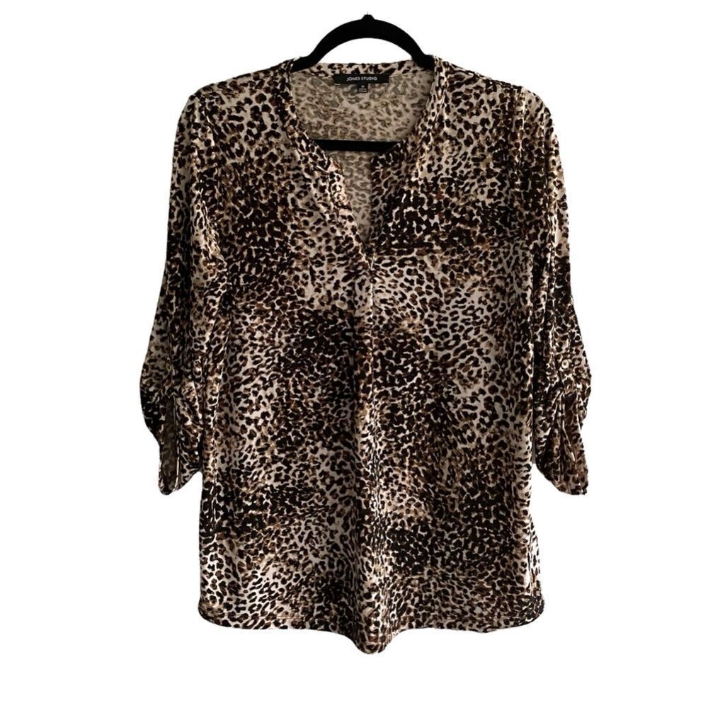 JONES STUDIO Leopard Cheetah Print Popover Blouse Brown Black M